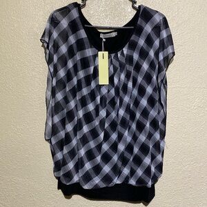 Bai Sheng Top Blouse XL Stretchy Black White Plaid Sleeveless 2 Layer NWT